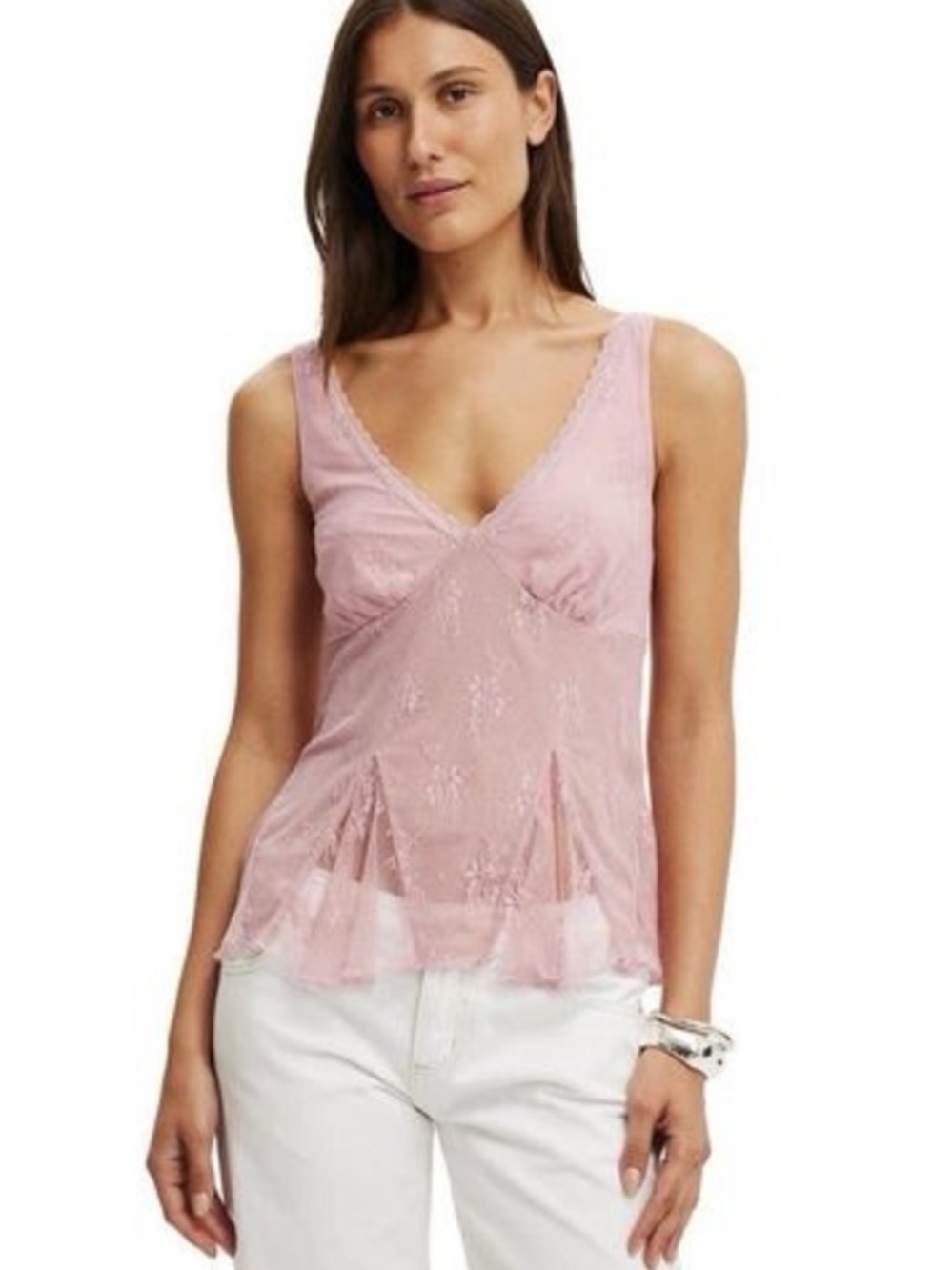Delicate Pink Lace V-Neck Tank Top
